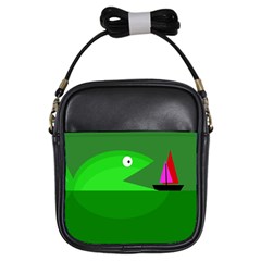 Green Monster Fish Girls Sling Bags by Valentinaart