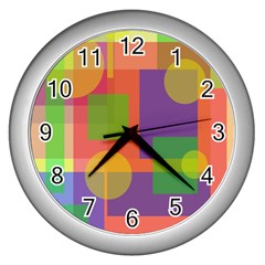 Colorful Geometrical Design Wall Clocks (silver)  by Valentinaart