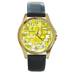 Yellow Decorative Abstraction Round Gold Metal Watch by Valentinaart