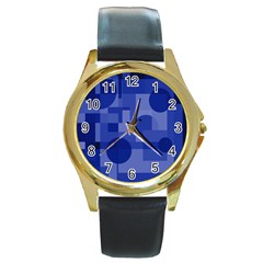 Deep Blue Abstract Design Round Gold Metal Watch by Valentinaart