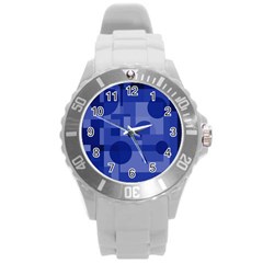 Deep Blue Abstract Design Round Plastic Sport Watch (l) by Valentinaart