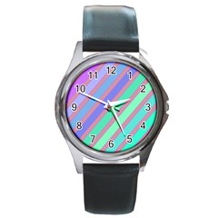 Pastel Colorful Lines Round Metal Watch by Valentinaart