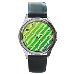 Green And Yellow Lines Round Metal Watch by Valentinaart