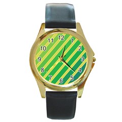 Green And Yellow Lines Round Gold Metal Watch by Valentinaart