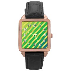 Green And Yellow Lines Rose Gold Leather Watch 