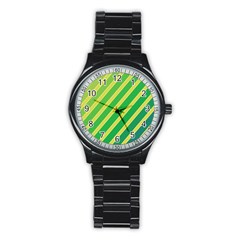 Green And Yellow Lines Stainless Steel Round Watch