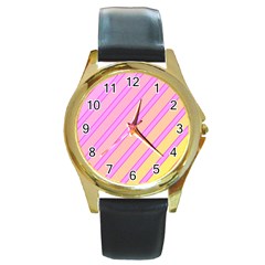 Pink And Yellow Elegant Design Round Gold Metal Watch