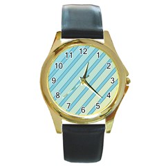 Blue Elegant Lines Round Gold Metal Watch by Valentinaart