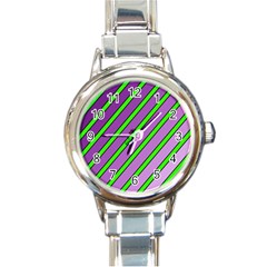 Purple And Green Lines Round Italian Charm Watch by Valentinaart