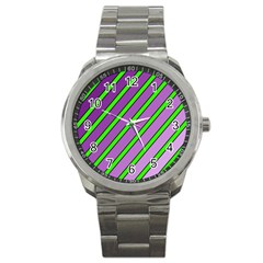 Purple And Green Lines Sport Metal Watch by Valentinaart