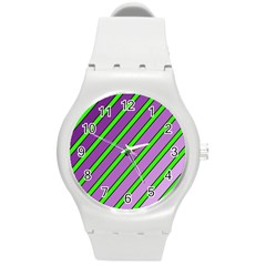 Purple And Green Lines Round Plastic Sport Watch (m)