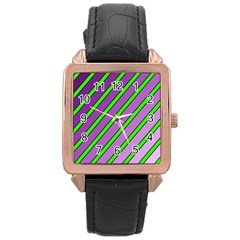 Purple And Green Lines Rose Gold Leather Watch  by Valentinaart