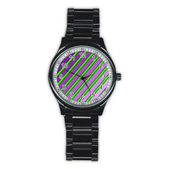 Purple And Green Lines Stainless Steel Round Watch