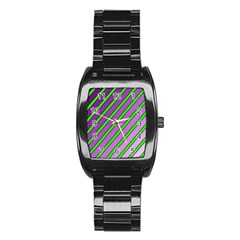 Purple And Green Lines Stainless Steel Barrel Watch by Valentinaart