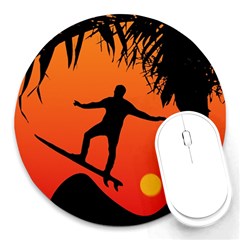 Man Surfing At Sunset Graphic Illustration Round Mousepads by dflcprints