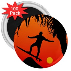 Man Surfing At Sunset Graphic Illustration 3  Magnets (100 Pack)