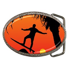 Man Surfing At Sunset Graphic Illustration Belt Buckles