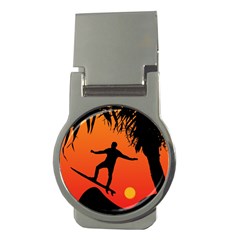 Man Surfing At Sunset Graphic Illustration Money Clips (round)  by dflcprints