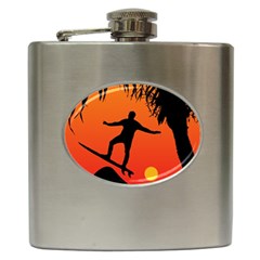 Man Surfing At Sunset Graphic Illustration Hip Flask (6 Oz)