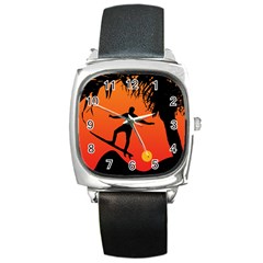 Man Surfing At Sunset Graphic Illustration Square Metal Watch