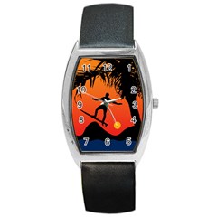 Man Surfing At Sunset Graphic Illustration Barrel Style Metal Watch