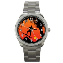 Man Surfing At Sunset Graphic Illustration Sport Metal Watch