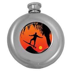 Man Surfing At Sunset Graphic Illustration Round Hip Flask (5 Oz)