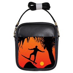 Man Surfing At Sunset Graphic Illustration Girls Sling Bags by dflcprints