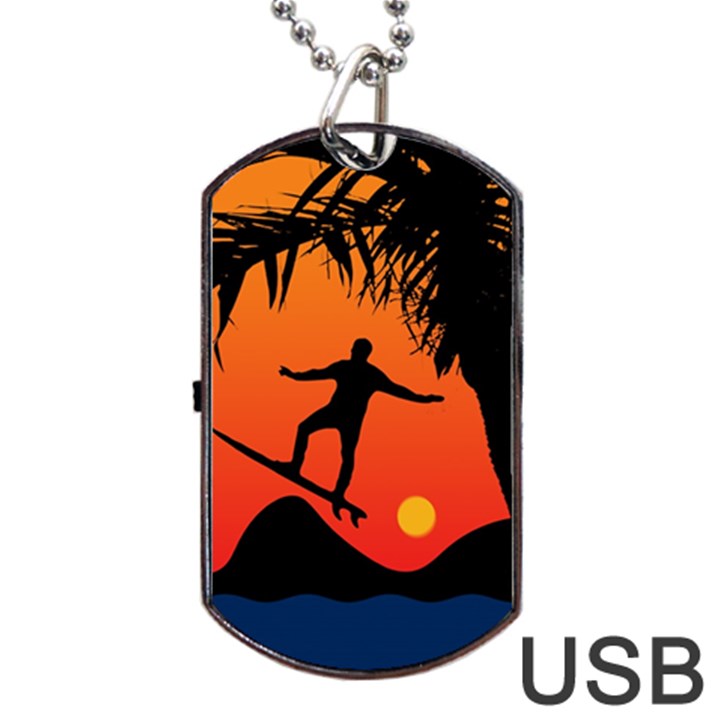 Man Surfing at Sunset Graphic Illustration Dog Tag USB Flash (Two Sides) 