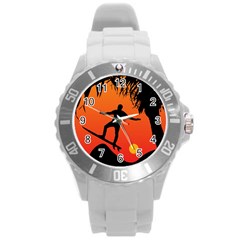 Man Surfing At Sunset Graphic Illustration Round Plastic Sport Watch (l) by dflcprints