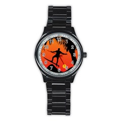 Man Surfing At Sunset Graphic Illustration Stainless Steel Round Watch