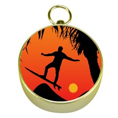 Man Surfing At Sunset Graphic Illustration Gold Compasses by dflcprints