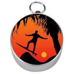 Man Surfing At Sunset Graphic Illustration Silver Compasses by dflcprints