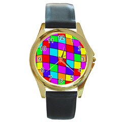 Colorful Cubes Round Gold Metal Watch