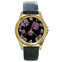 Flying  Colorful Cubes Round Gold Metal Watch