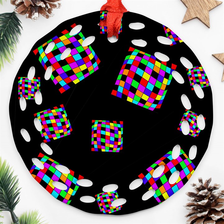 Flying  colorful cubes Ornament (Round Filigree) 