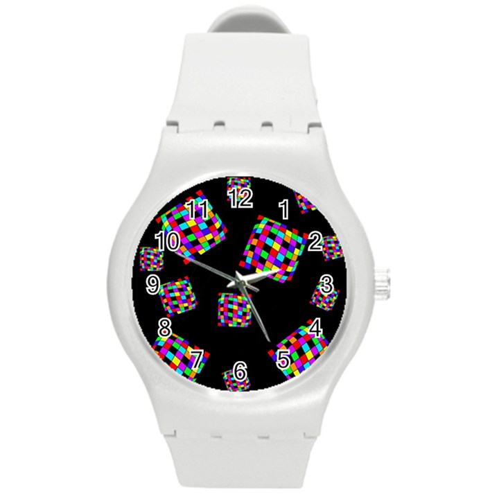 Flying  colorful cubes Round Plastic Sport Watch (M)