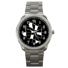 Black And White Abstract Flower Sport Metal Watch by Valentinaart