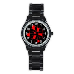 Red Abstract Flower Stainless Steel Round Watch by Valentinaart