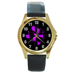 Purple Abstract Flower Round Gold Metal Watch