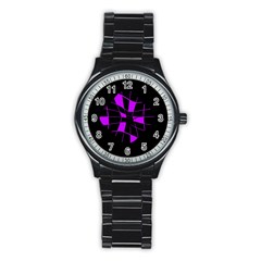 Purple Abstract Flower Stainless Steel Round Watch