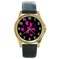 Pink Abstract Flower Round Gold Metal Watch