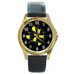 Yellow Abstract Flower Round Gold Metal Watch by Valentinaart