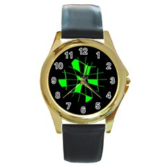 Green abstract flower Round Gold Metal Watch