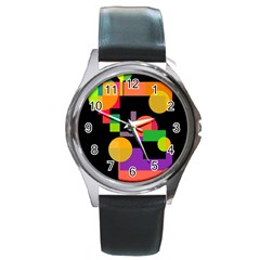 Colorful Abstraction Round Metal Watch by Valentinaart