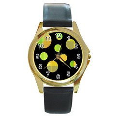 Green Abstract Circles Round Gold Metal Watch by Valentinaart