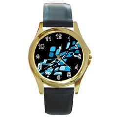 Blue Abstraction Round Gold Metal Watch by Valentinaart