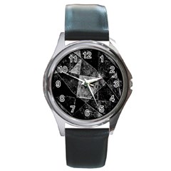 Dark Geometric Grunge Pattern Print Round Metal Watch