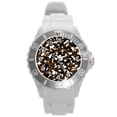 Black Brown And White Camo Streaks Round Plastic Sport Watch (l) by TRENDYcouture