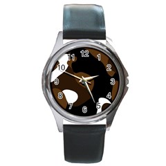 Black Brown And White Abstract 3 Round Metal Watch